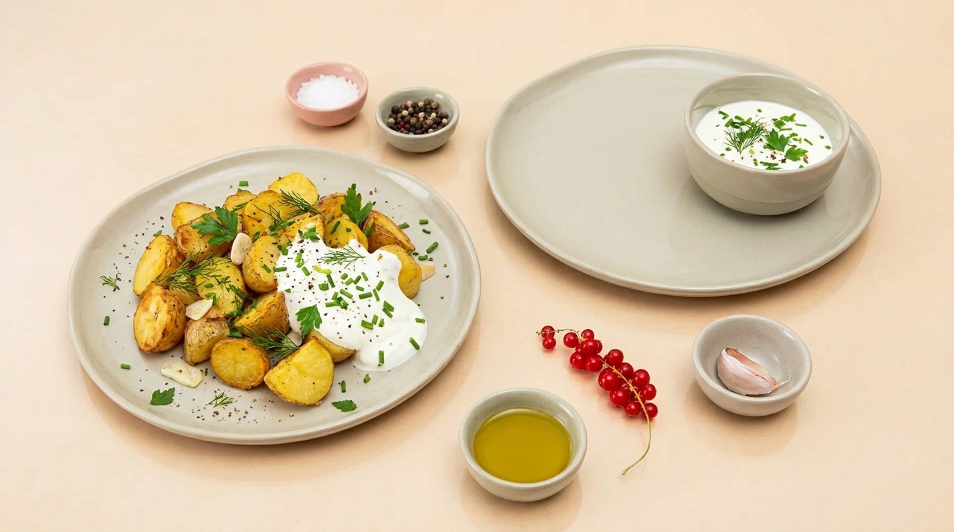 Gebratene Kartoffelspalten auf einem Teller, garniert mit Kräutern und einem Klecks saurer Sahne/Joghurt mit Schnittlauch; daneben kleine Schälchen mit Öl, Salz, Pfeffer, Knoblauch und einer Rispe roter Johannisbeeren.