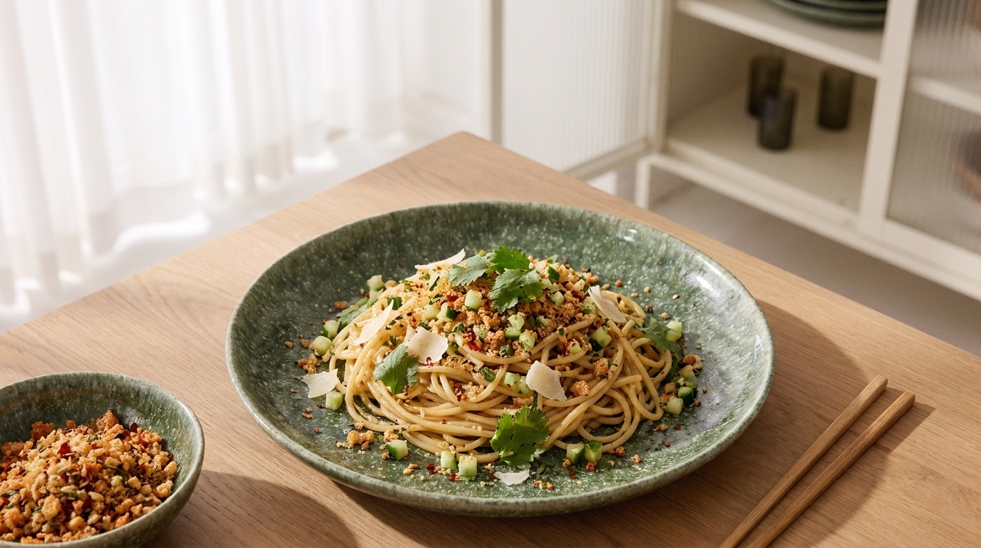 Grüner Keramikteller mit Spaghetti, bestreut mit gehackten Nüssen, Kräutern und Käseflocken, auf Holztisch neben Essstäbchen.
