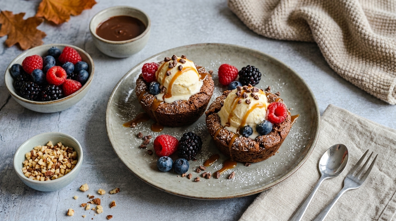 Zwei warme Schokoladenküchlein mit flüssigem Kern, jeweils garniert mit einer Vanilleeiskugel, frischen Beeren (Himbeeren, Blaubeeren, Brombeeren), gehackten Nüssen und Schokoladensauce, serviert auf einem Teller.