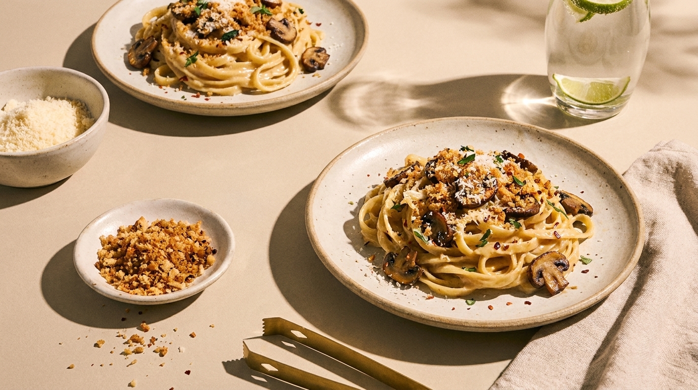 Zwei Teller cremiger Tagliatelle mit Champignons, gehackten Nüssen, frisch geriebenem Parmesan und Kräutern, angerichtet auf hellen Tellern; daneben kleine Schälchen mit Käse und Nussbröseln.