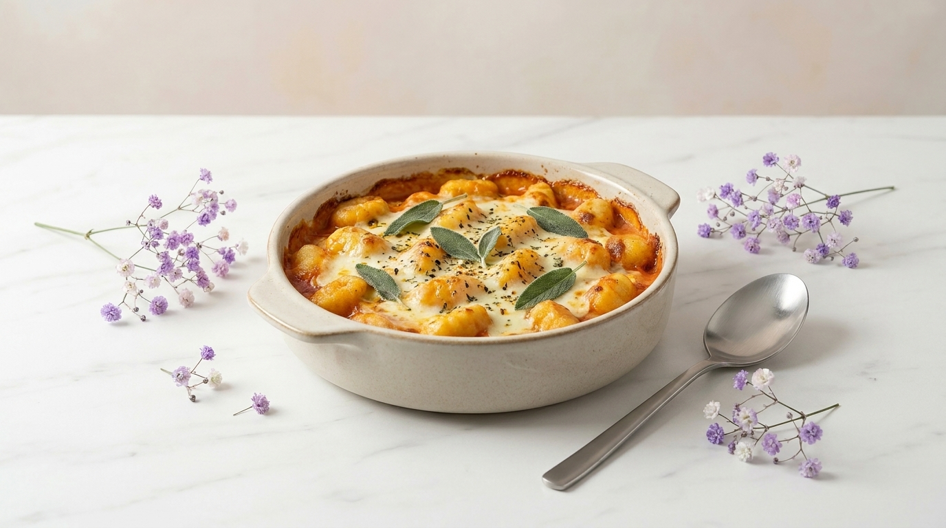 Runde Keramik-Auflaufform mit überbackenen Gnocchi in Tomatensauce, goldbrauner Käsekruste und Salbeiblättern; daneben ein Löffel auf hellem Untergrund.