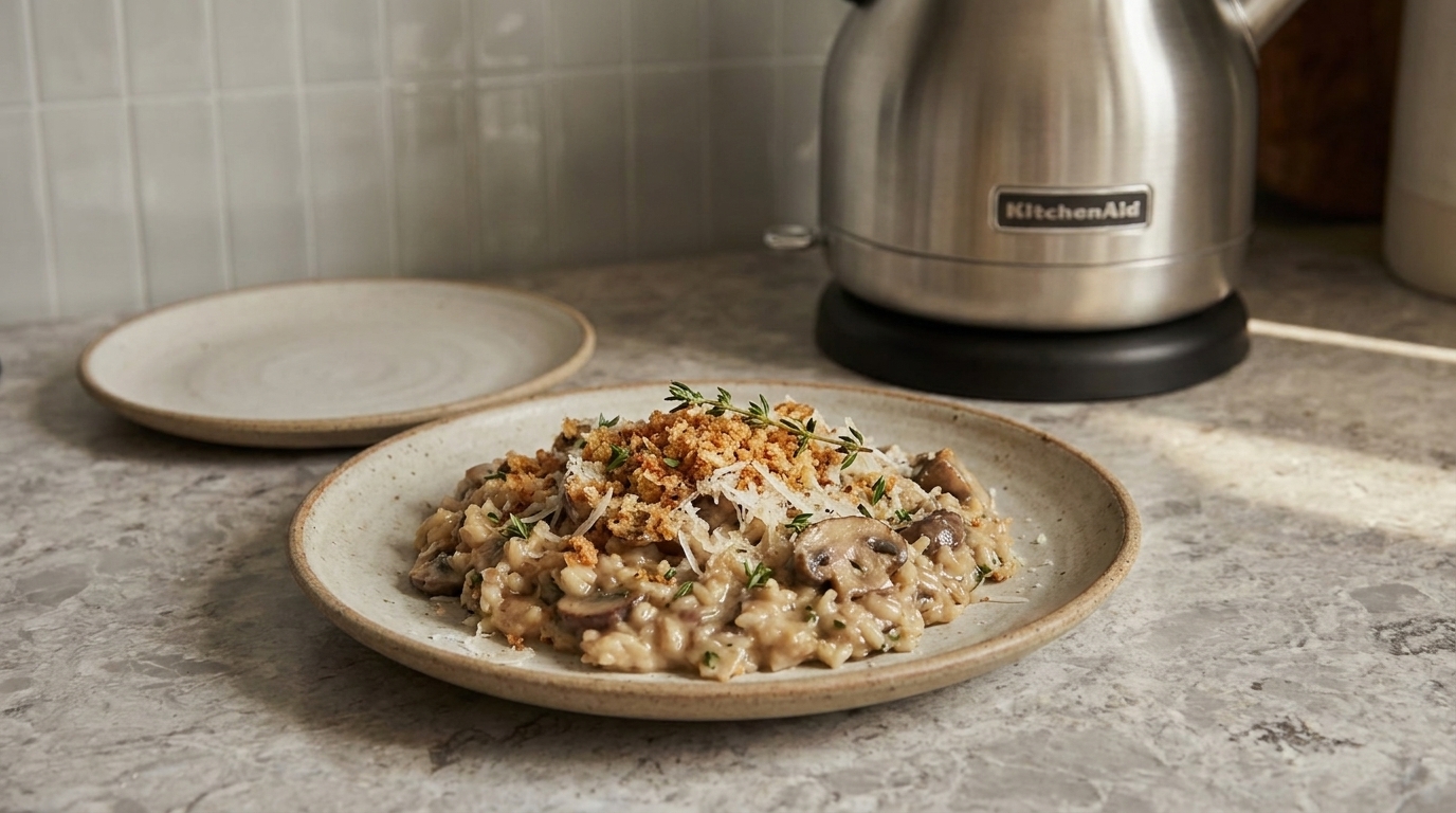 Teller mit cremigem Pilzrisotto, garniert mit frischen Kräutern und knusprigen Bröseln.