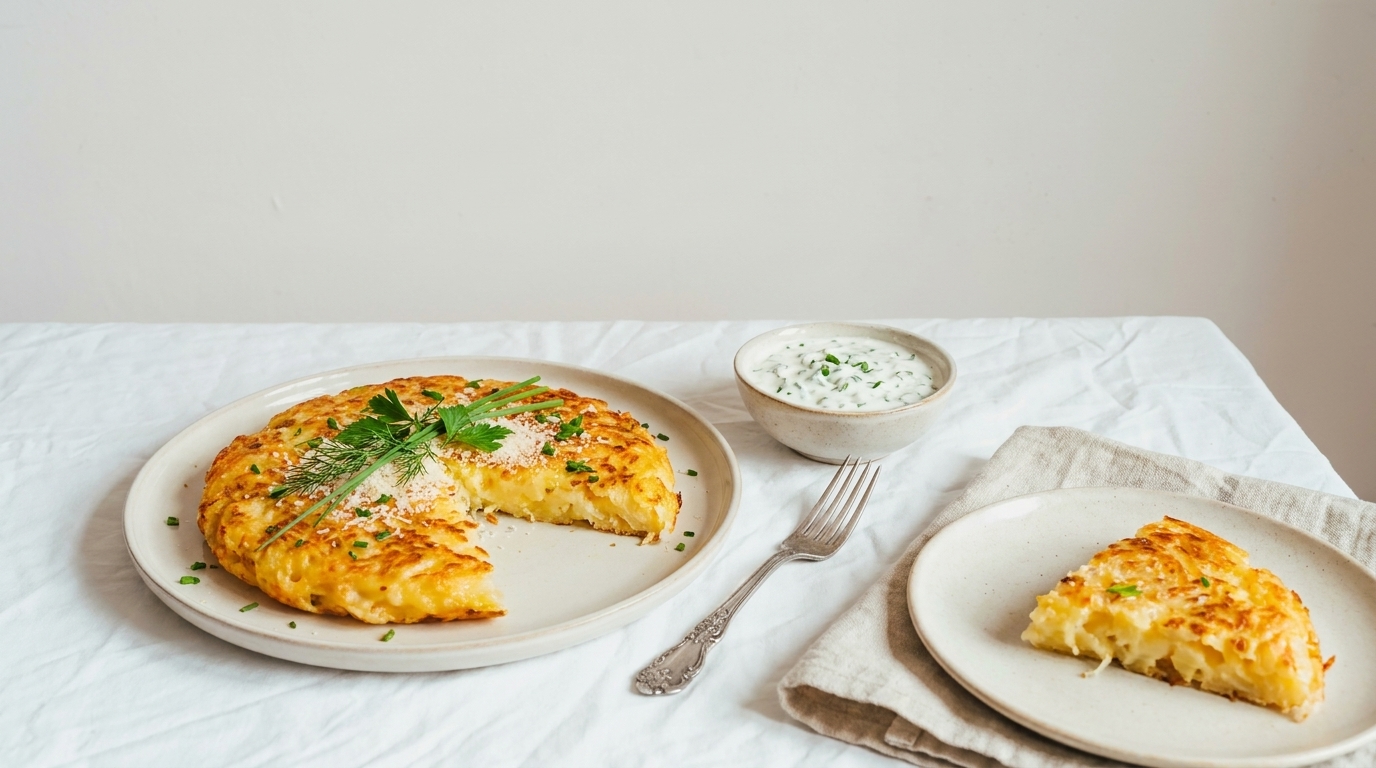 Runde, goldbraune Kartoffelrösti mit fehlender Scheibe, garniert mit Petersilie; daneben ein Schälchen Dip und eine einzelne Portion auf einem kleinen Teller.