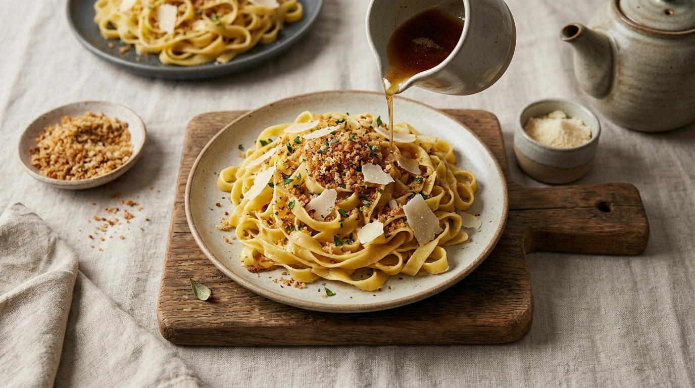 Nahaufnahme eines Tellers Tagliatelle, über die eine braune Sauce aus einem kleinen Krug gegossen wird; garniert mit knusprigen Bröseln, Parmesan und Kräutern.