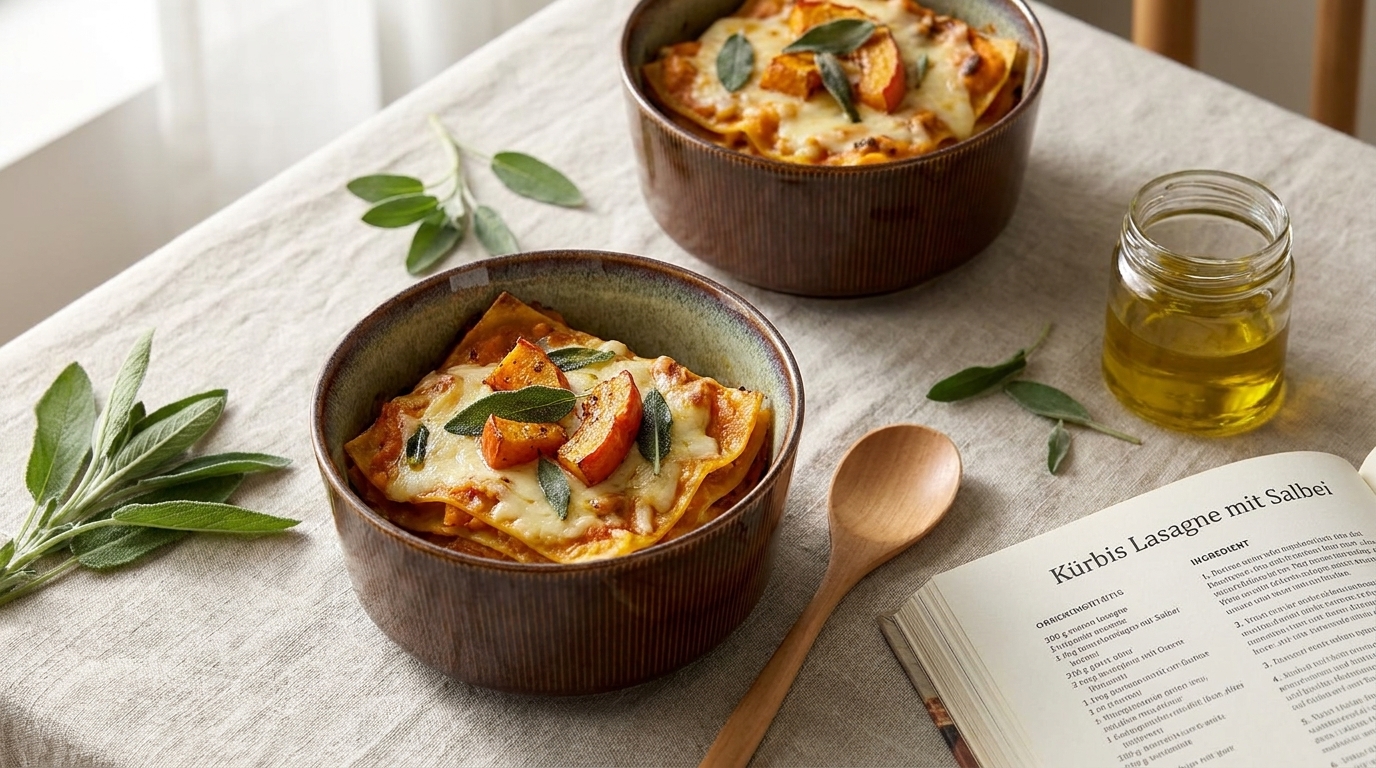 Zwei Servierschüsseln mit gebackener Kürbislasagne, mit Salbeiblättern garniert, auf einem gedeckten Tisch neben einem Holzlöffel und einem offenen Rezeptbuch.