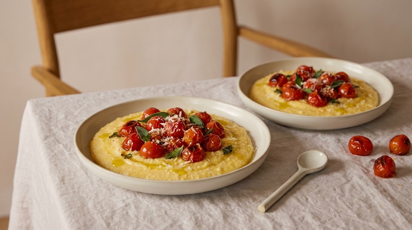 Zwei Schalen cremige Polenta, jeweils mit gerösteten Kirschtomaten, Kräutern und geriebenem Käse garniert, auf einem Tisch; daneben ein Löffel und ein paar Tomaten.