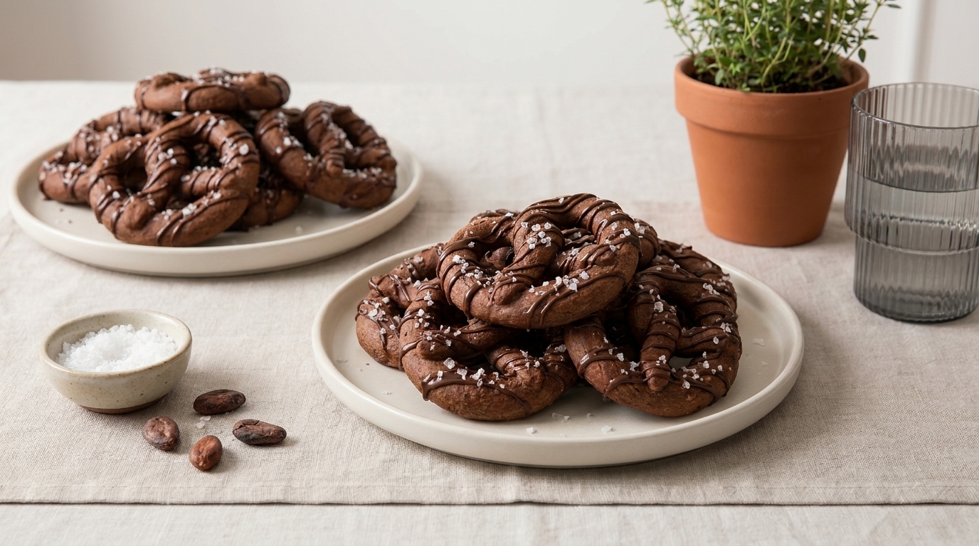 Zwei Teller mit schokoladigen Brezeln/Plätzchen, überzogen mit Schokoladenglasur und mit grobem Meersalz bestreut, auf einem Tisch arrangiert.