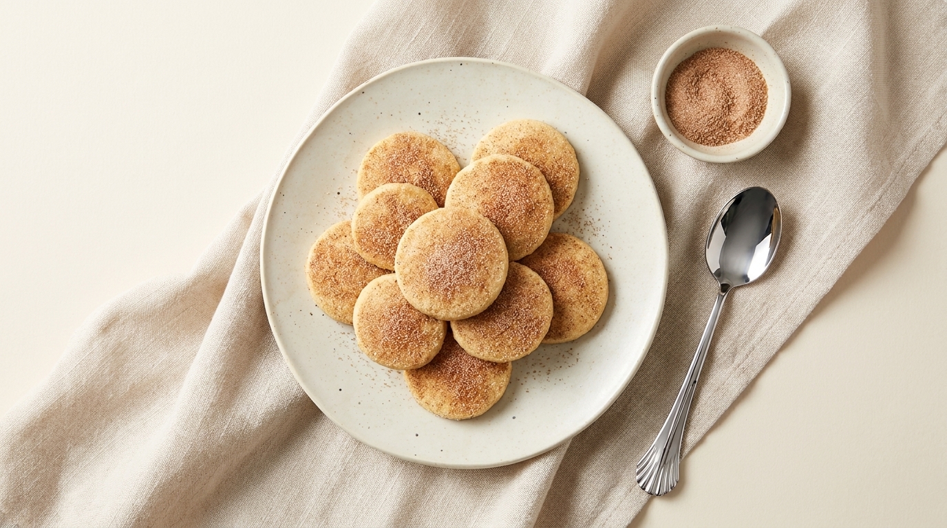 Teller mit mehreren runden Zimtzuckerplätzchen, dicht angeordnet wie eine Blume; daneben kleine Schale mit Zimtzucker und ein Teelöffel auf hellem Leinentuch.