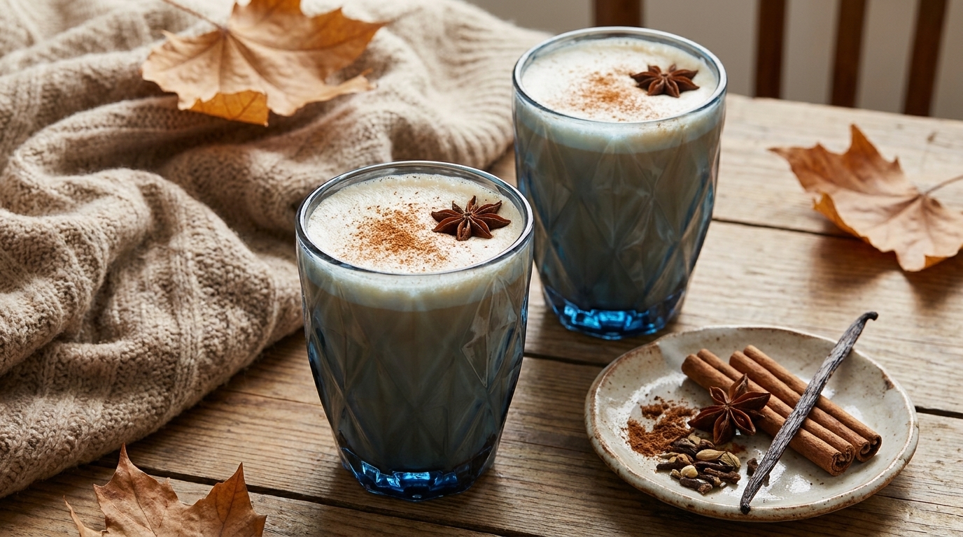 Zwei cremige Gewürz‑Latte in blauen Gläsern, jeweils mit Sternanis garniert; daneben ein Teller mit Zimtstangen, Kardamom und Vanilleschote sowie gestrickte Decke und Herbstblätter – gemütliche Herbststimmung.