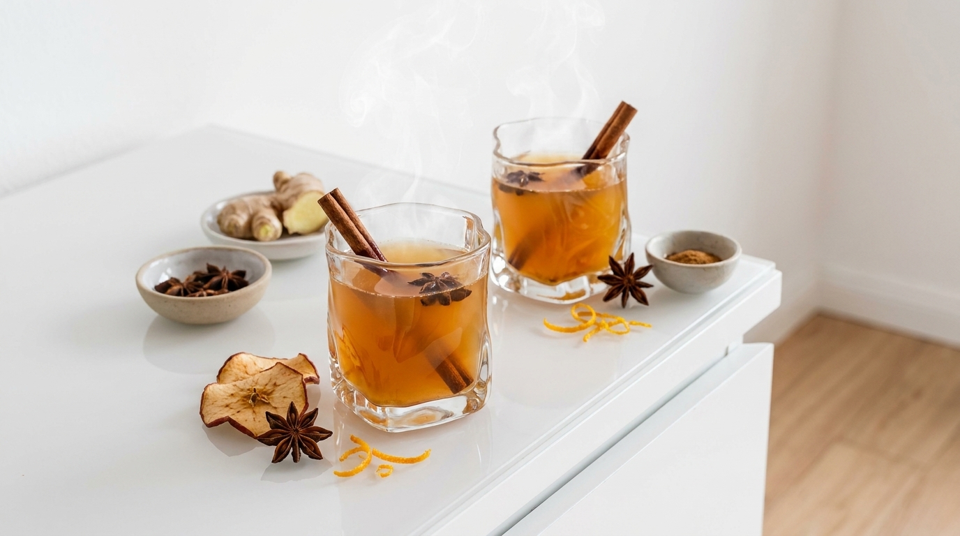 Zwei dampfende Gläser mit gewürztem Heißgetränk, jeweils mit Zimtstange und Sternanis, auf weißem Tisch, daneben Schälchen mit Gewürzen und getrockneten Apfelscheiben.