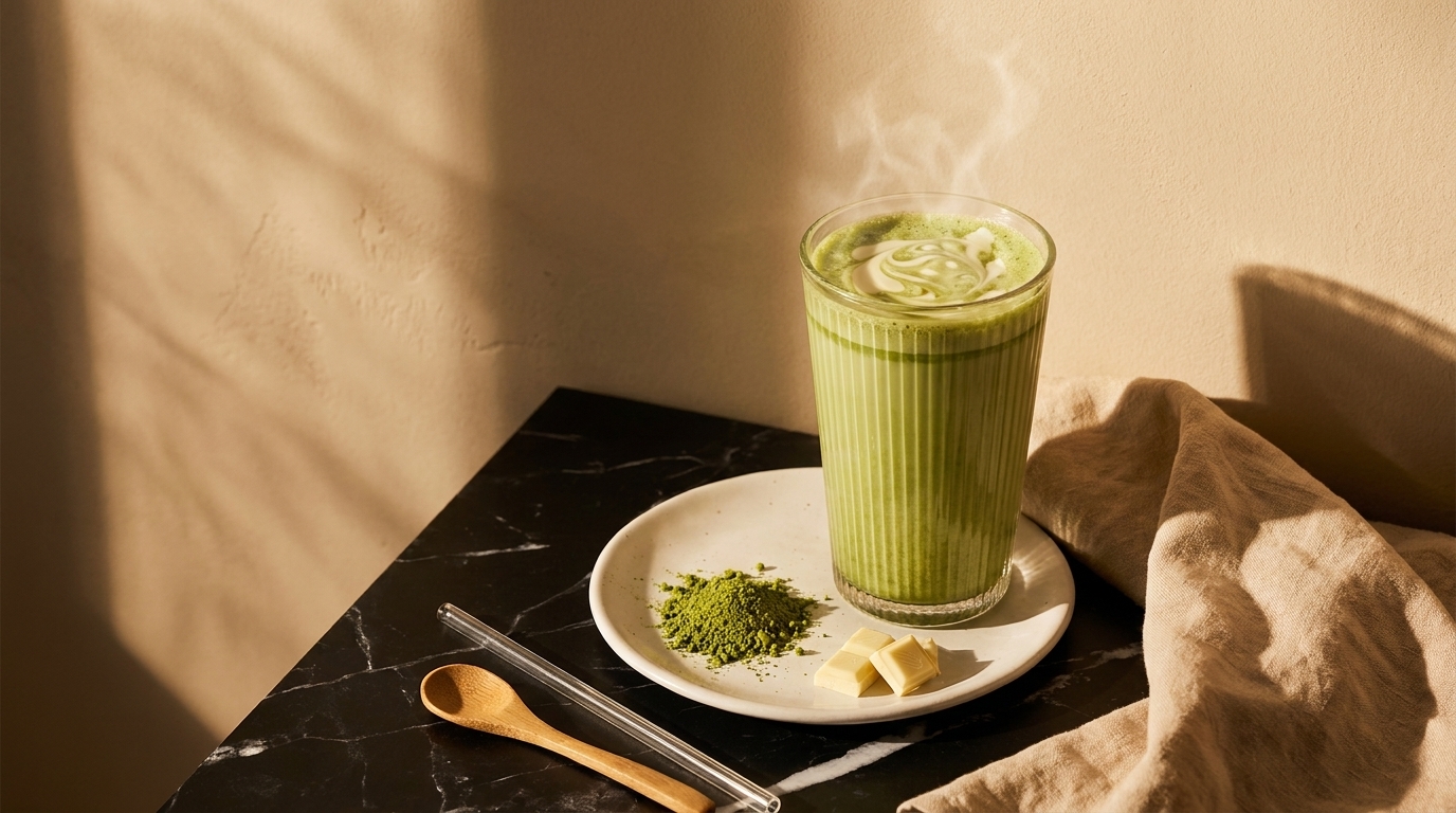 Dampfender grüner Matcha-Latte im hohen Glas auf einem Teller, daneben Matcha-Pulver und zwei Stücke weißer Schokolade, Holzlöffel und Leinentuch.