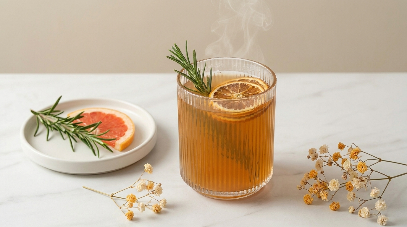 Dampfendes, bernsteinfarbenes Heißgetränk in einem Glas, garniert mit Rosmarinzweig und getrockneter Orangenscheibe; daneben ein Teller mit Grapefruitscheibe und Rosmarin, dekorative getrocknete Blüten.