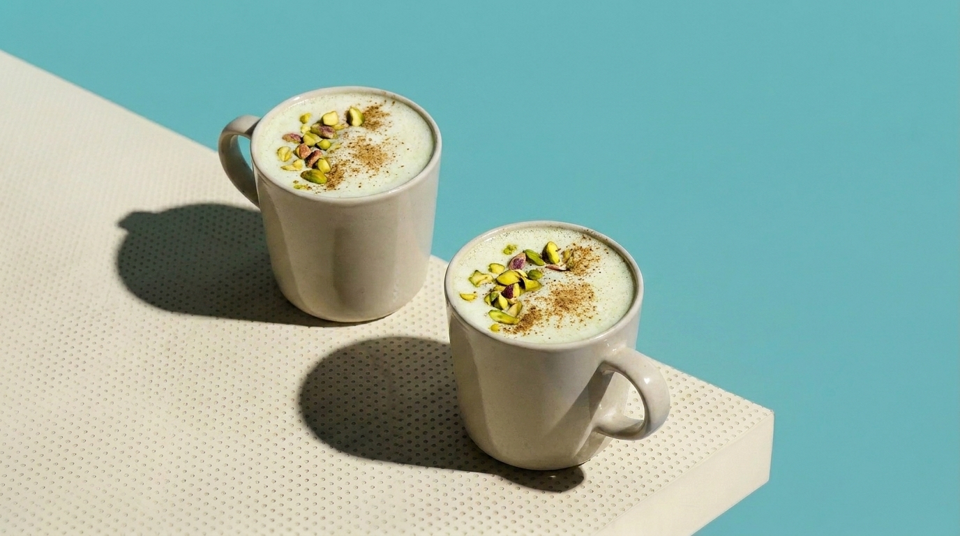 Zwei weiße Tassen mit cremigem Pistazien-Latte, garniert mit gehackten Pistazien und Zimt, auf hellem Tisch vor türkisfarbenem Hintergrund.