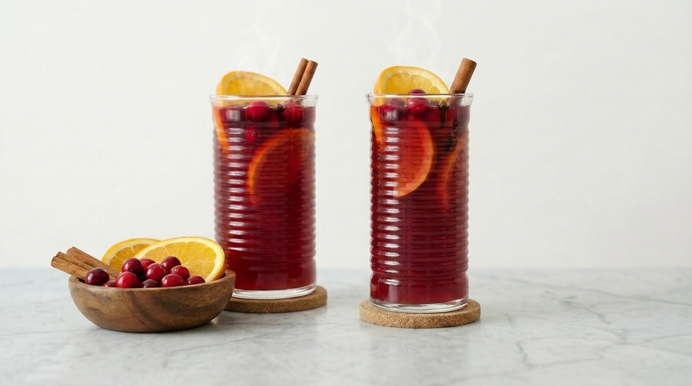 Zwei hohe Gläser mit dampfendem rotem Punsch, je mit Orangenscheibe, Zimtstange und Cranberries garniert; daneben eine kleine Holzschale mit Orangenscheiben und Cranberries.