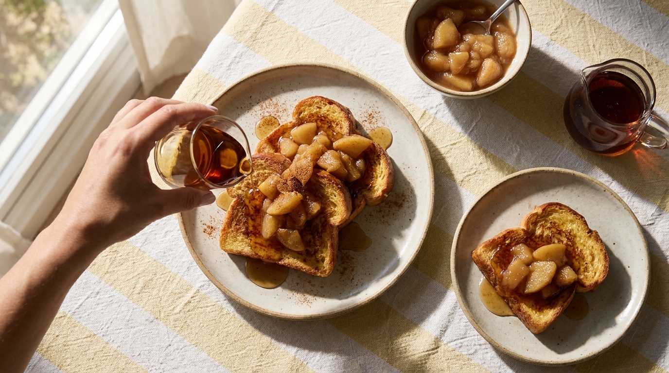Zwei Teller mit French Toast, belegt mit karamellisierten Gewürzbirnen; eine Hand gießt Sirup über die Toastscheiben. Daneben kleine Schale mit Birnenkompott und ein kleines Kännchen Sirup.