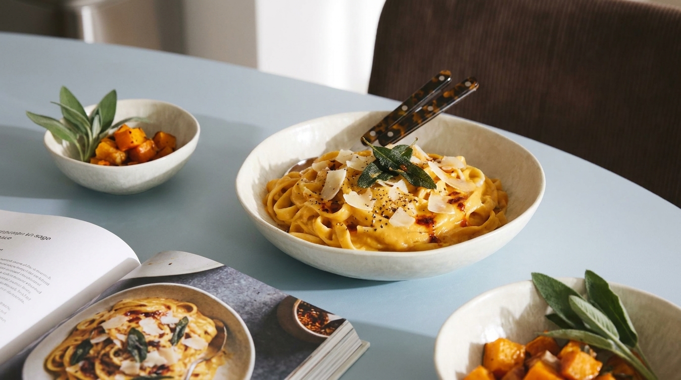 Schale mit Tagliatelle in cremiger Sauce, garniert mit Parmesanspänen, frischen Kräutern und Pfeffer; eine Gabel steckt in der Pasta. Im Hintergrund kleine Schalen mit geröstetem Kürbis und ein offenes Kochbuch auf dem Tisch.