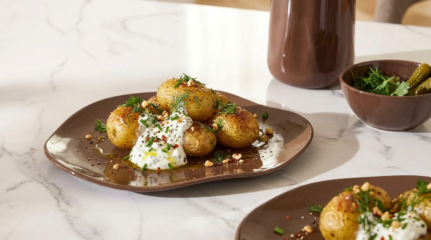 Brauner Teller mit gerösteten kleinen Kartoffeln, garniert mit Kräutern, Schnittlauch, Gewürzkrümeln und einem Klecks Joghurt- oder Sauerrahm-Dip.