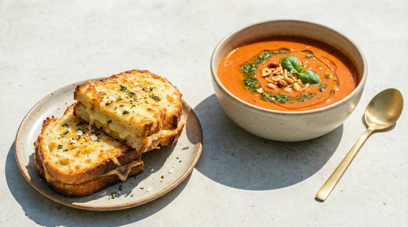 Schale mit cremiger Tomatensuppe, garniert mit Basilikum, einem Pesto‑Strich und gerösteten Pinienkernen; daneben zwei knusprig überbackene Käsesandwiches auf einem Teller und ein goldener Löffel.