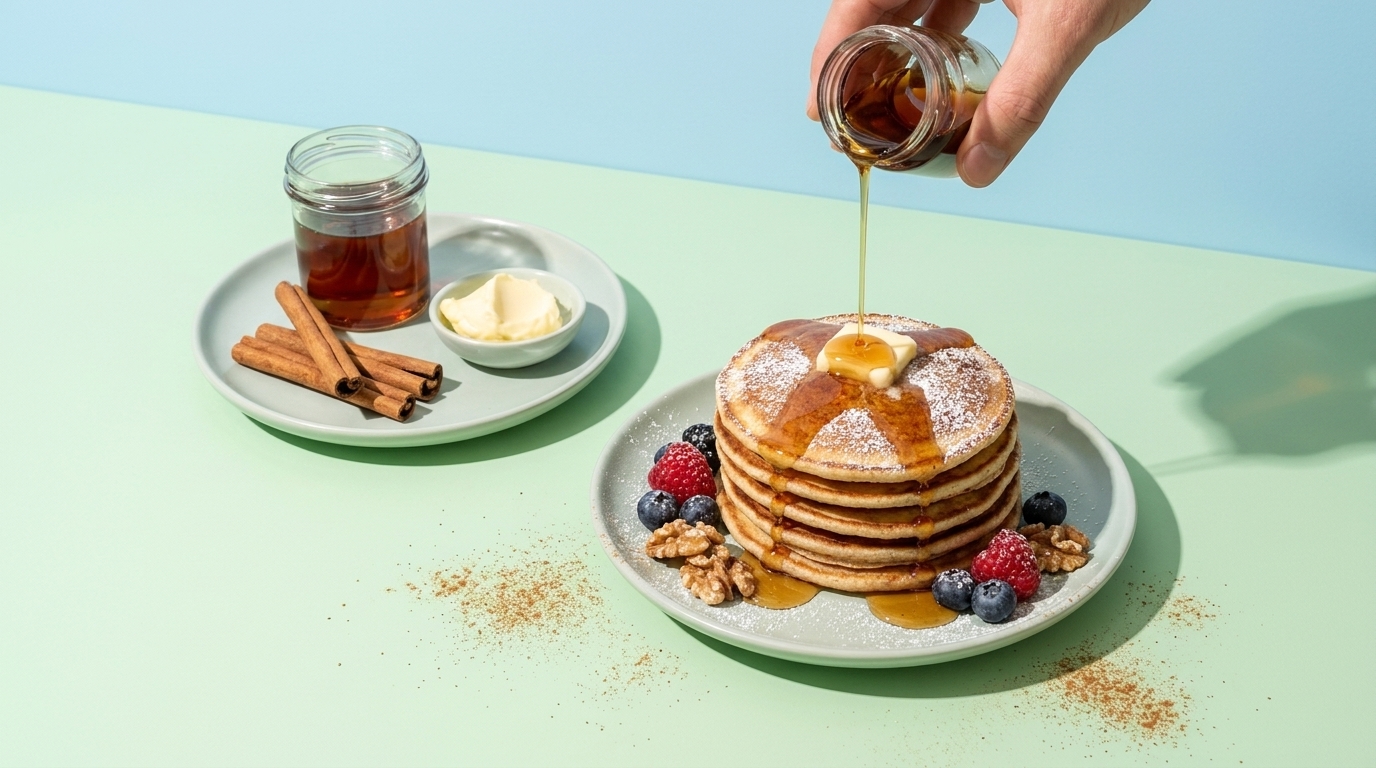 Turm aus Pfannkuchen auf einem Teller mit Butter oben, Ahornsirup wird darüber gegossen; Beeren und Walnüsse als Garnitur, daneben kleiner Teller mit Zimtstangen und Butter.