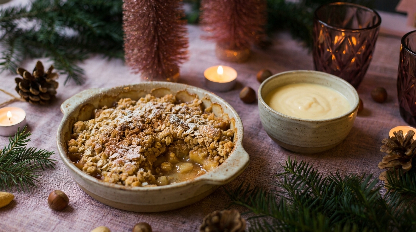 Goldbrauner Apfel-Crumble in einer Keramikform mit fehlendem Stück, daneben eine Schale Vanillesoße auf einem Tisch mit Tannenzweigen und Kerzen.