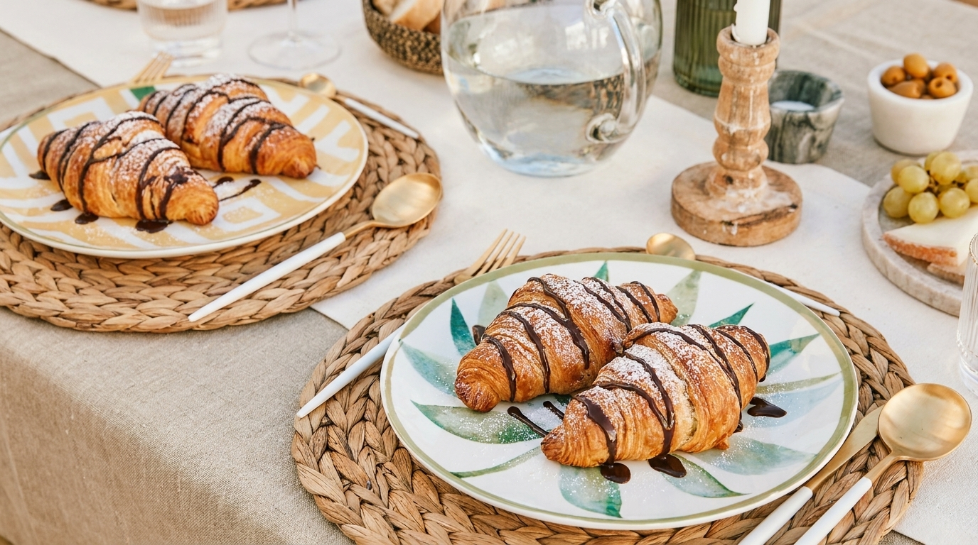 Zwei mit Schokoladenglasur und Puderzucker verzierte Croissants auf dekorativen Tellern, serviert auf einem gedeckten Frühstückstisch.