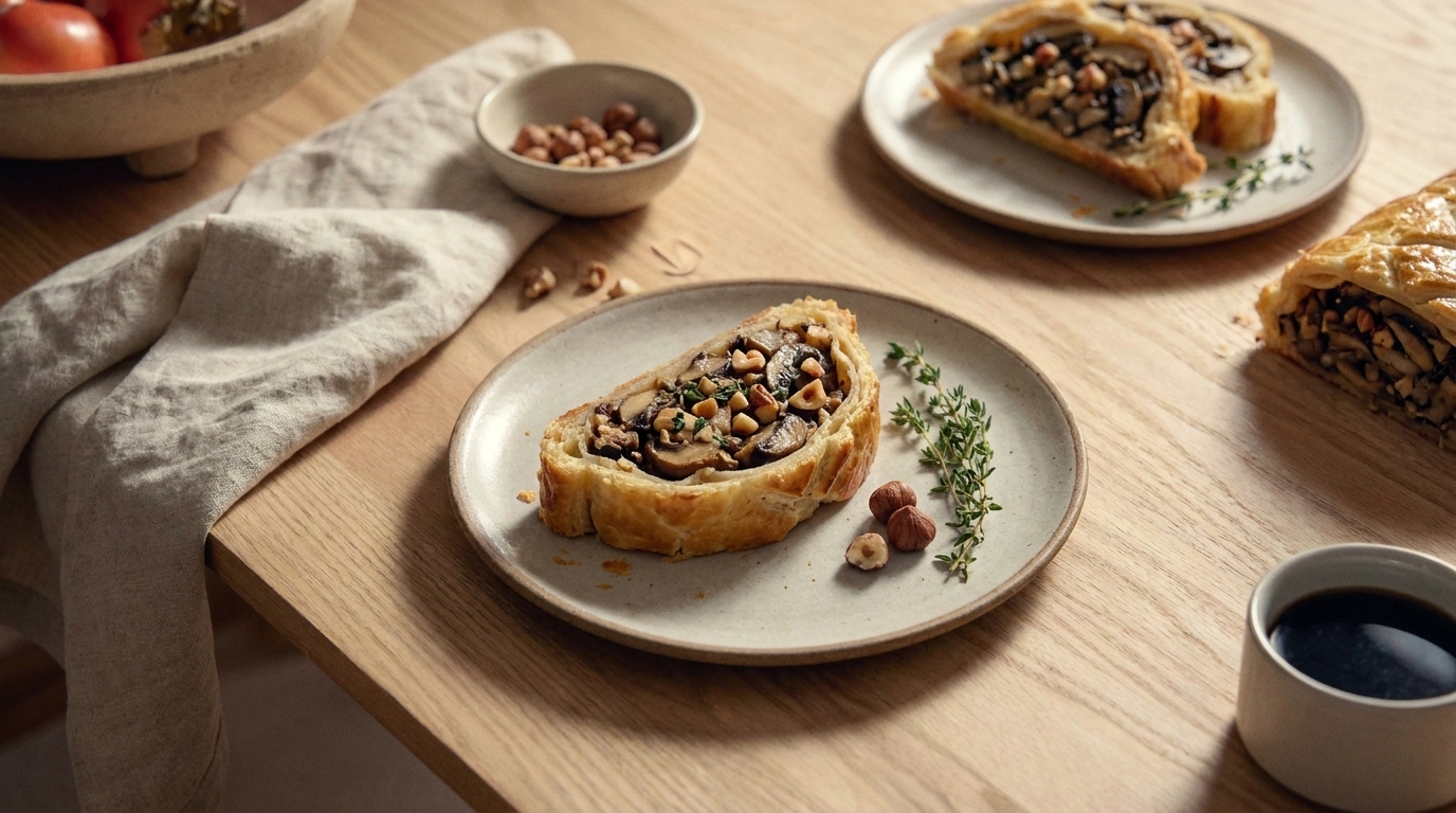 Scheibe herzhafter Blätterteigstrudel, gefüllt mit Pilzen, Nüssen und Kräutern, auf einem Teller mit Thymianzweigen; weitere Teller und eine Tasse Kaffee auf hellem Holztisch.
