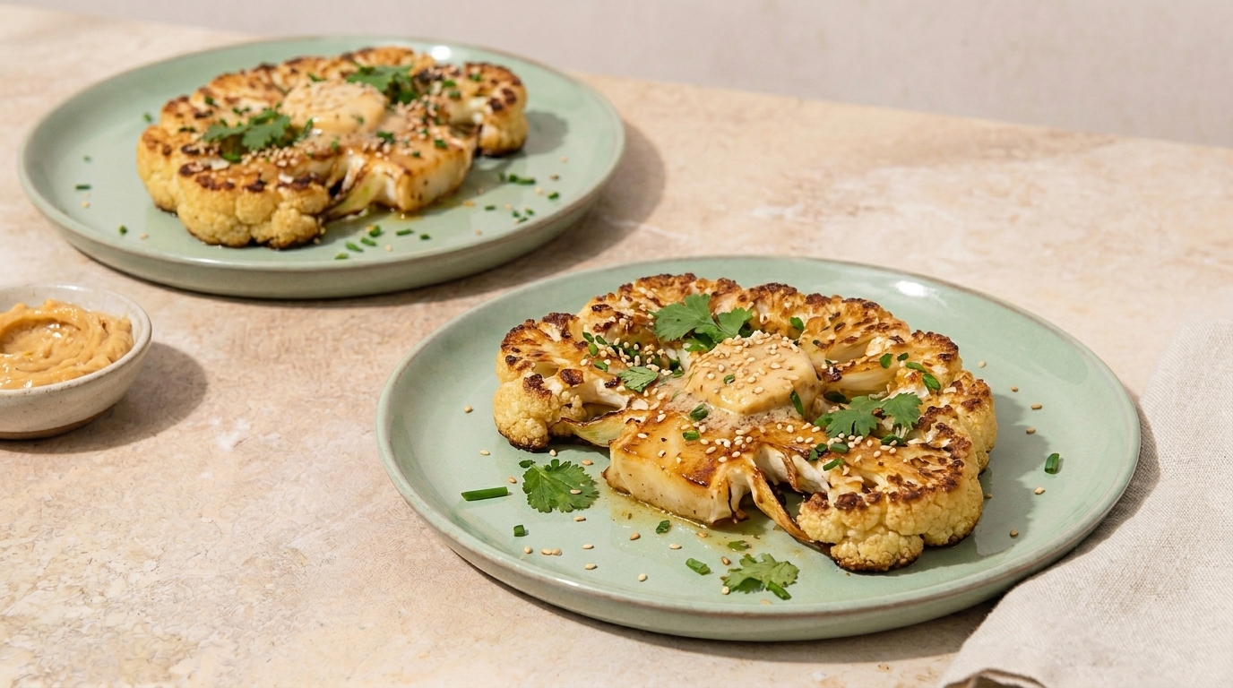 Zwei gebratene Blumenkohlsteaks auf Tellern, garniert mit Sesam, frischen Kräutern und einem Klecks cremiger Sauce; daneben eine kleine Schale mit zusätzlicher Sauce.