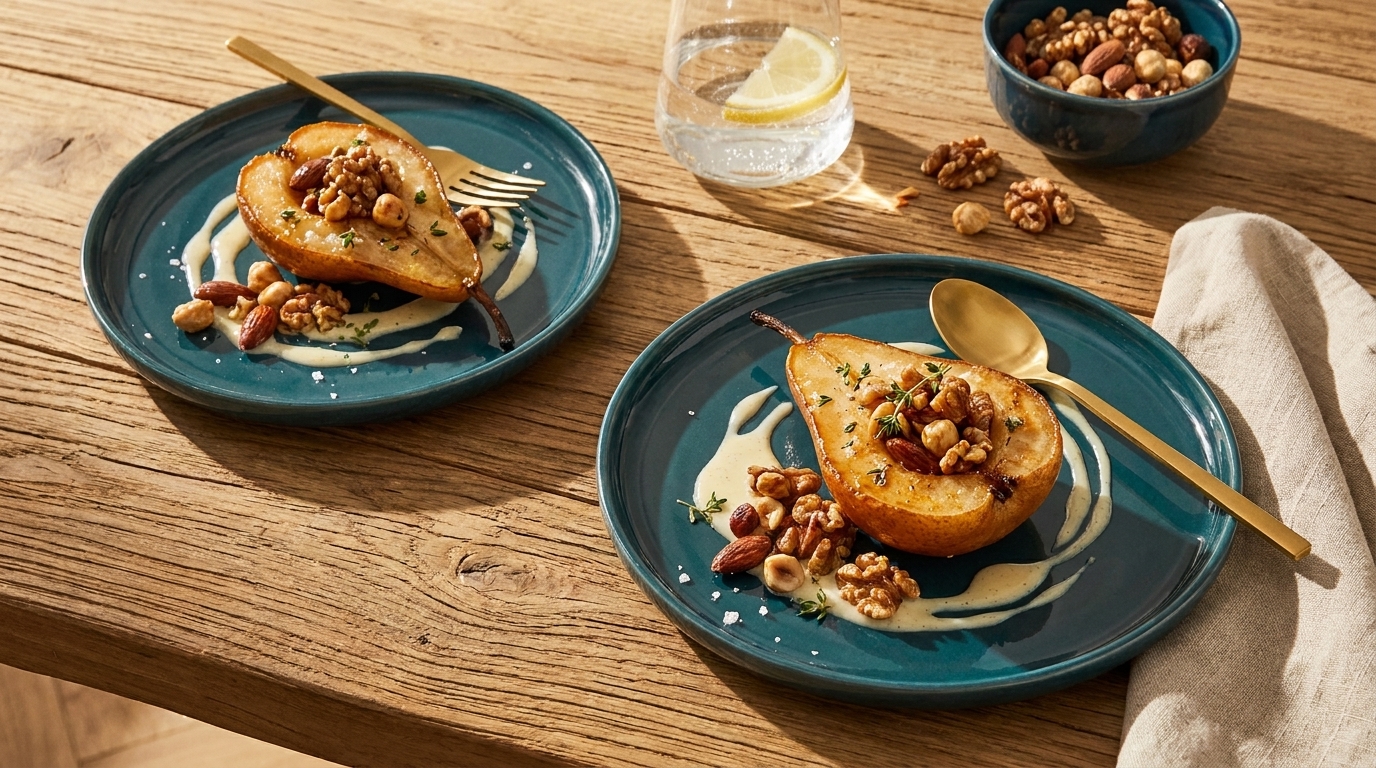 Zwei Teller mit gebackenen Birnenhälften, bestreut mit gemischten Nüssen und beträufelt mit cremiger Sauce.