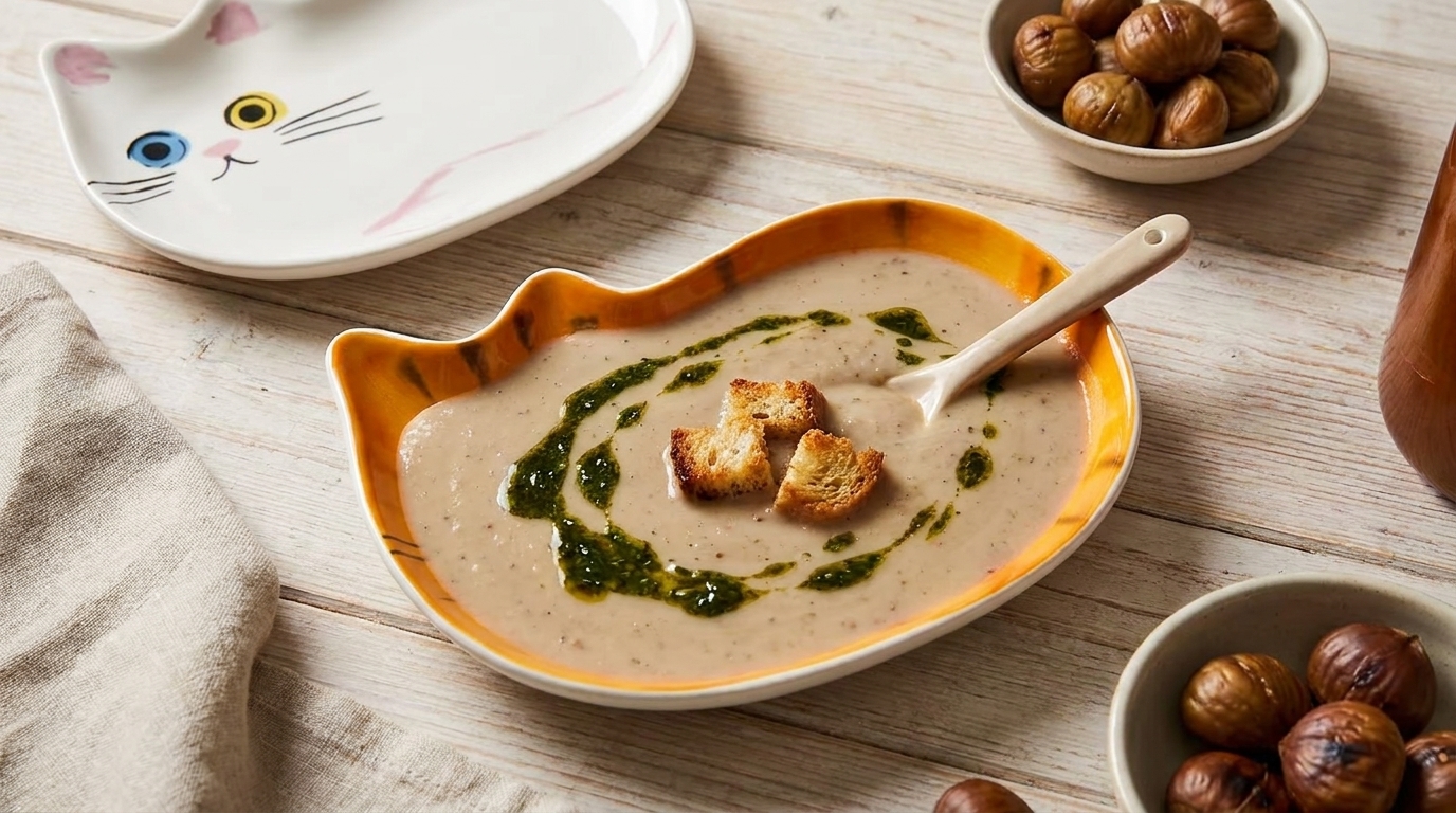Cremige Kastaniensuppe mit Croutons und Kräuteröl in einer katzenförmigen Schale, mit Löffel und Kastanien daneben.