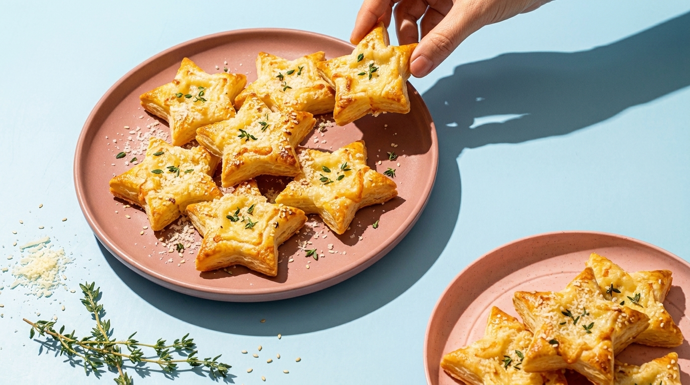 Sternförmige Blätterteighäppchen auf rosa Tellern, mit Kräutern und Käse bestreut; Hand nimmt eines.