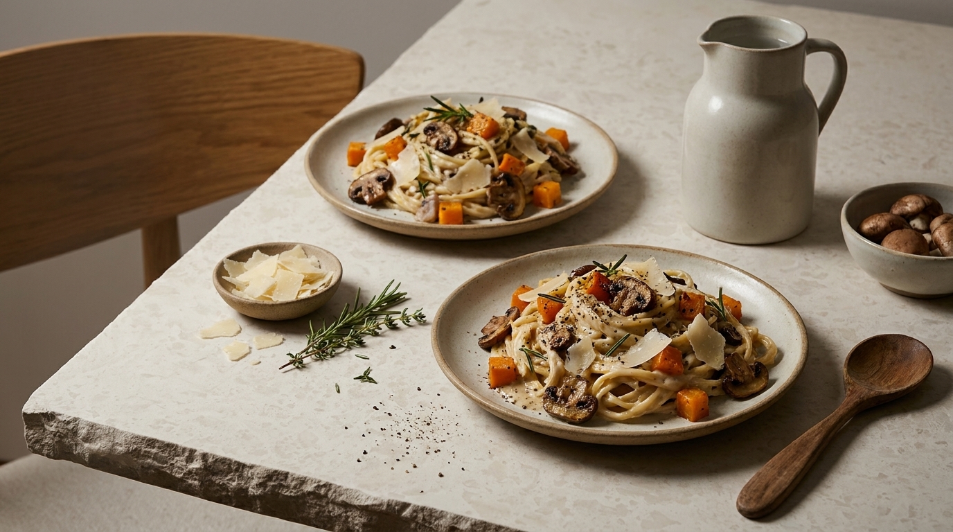 Zwei Teller cremiger Pasta (Bandnudeln) mit geröstetem Kürbis, Pilzen, frischen Kräutern und Parmesanspänen auf hellem Tisch, daneben Krug und kleine Schälchen mit Käse und Pilzen.