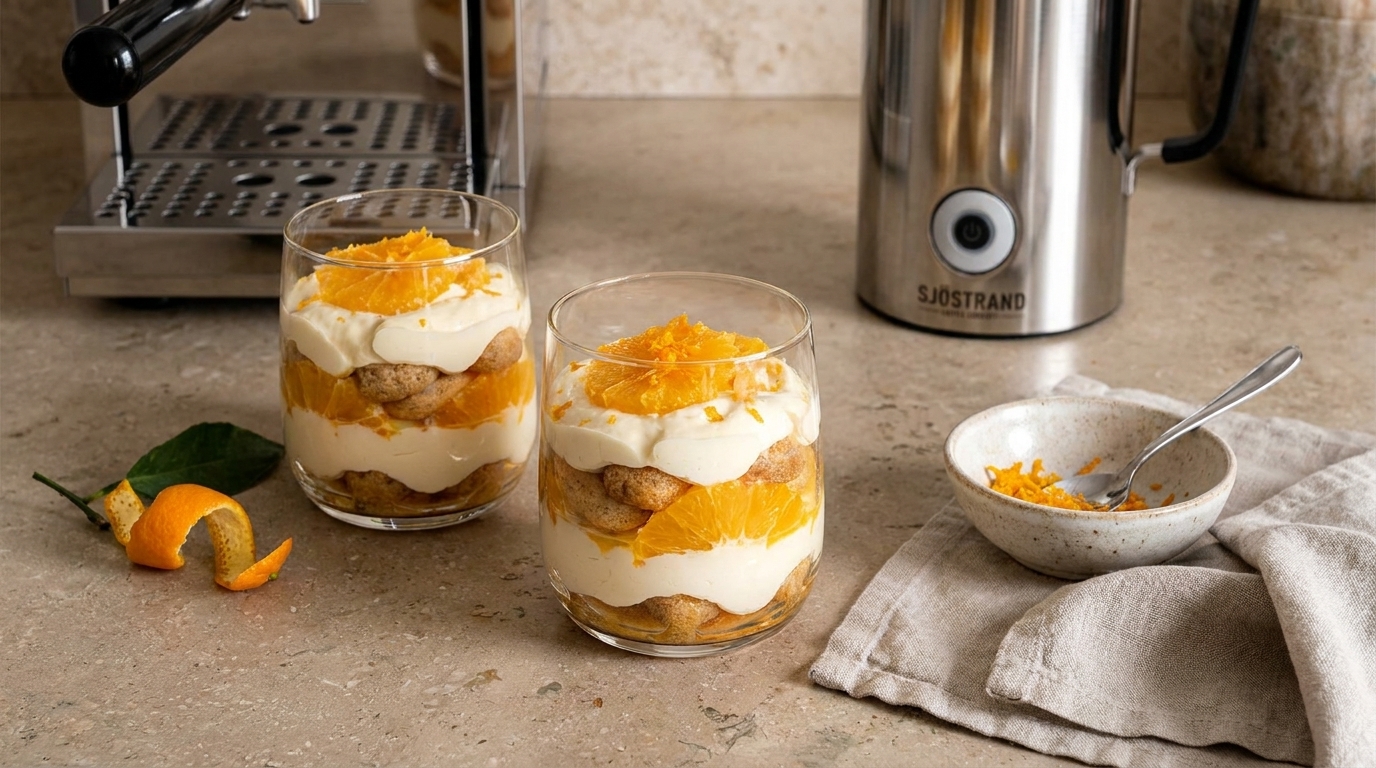 Zwei Dessertgläser mit geschichteter Creme, Keksstücken und frischen Orangenscheiben, oben mit Orangenzesten garniert.