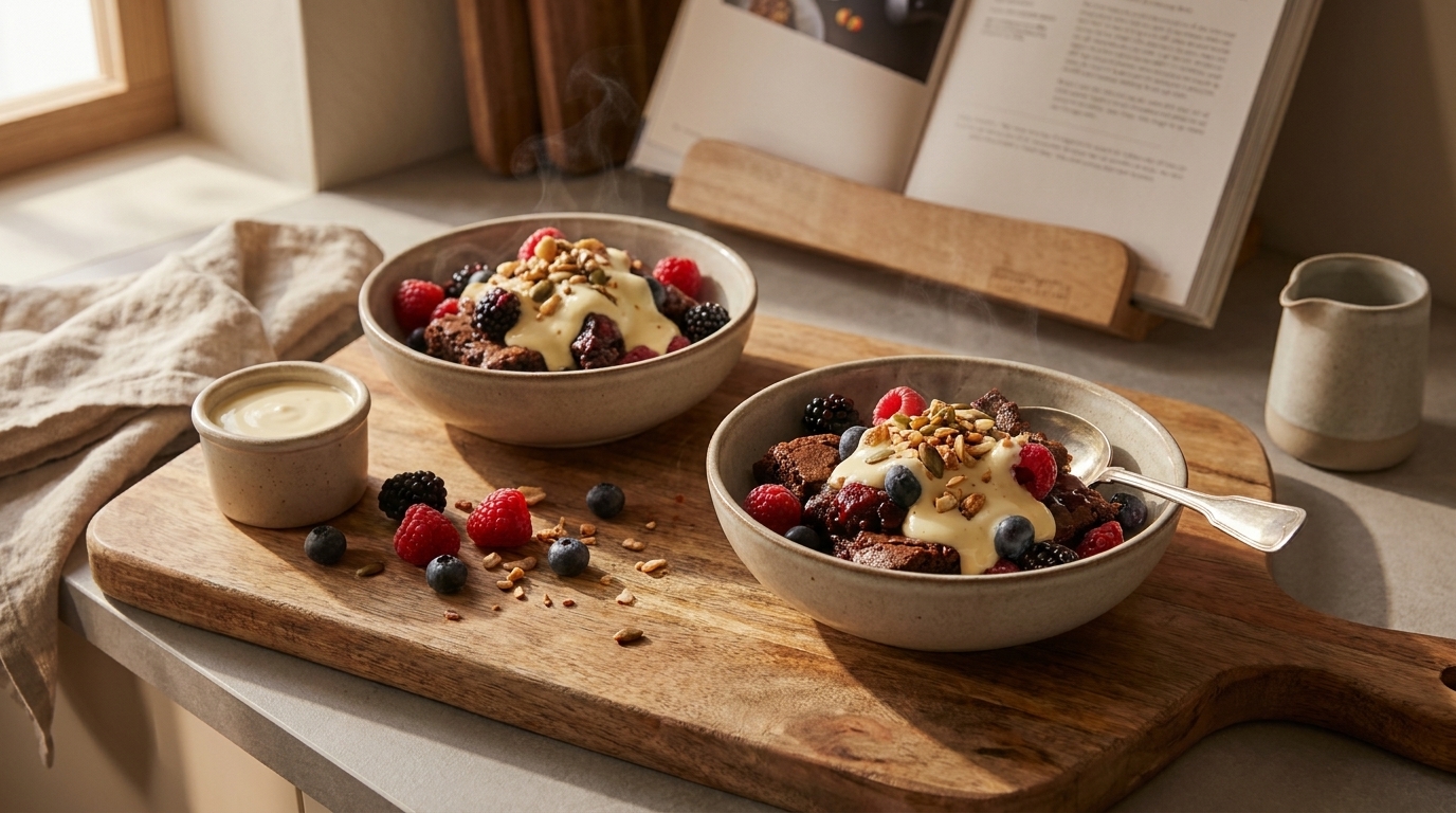 Zwei Schalen mit cremigem Joghurt/Porridge, garniert mit Himbeeren, Brombeeren, Blaubeeren, gehackten Nüssen und Vanillesauce, auf einem Holzbrett angerichtet.