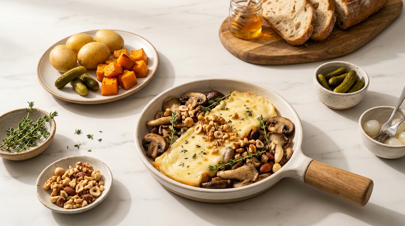 Kleine Pfanne mit geschmolzenem Raclettekäse auf gebratenen Champignons, garniert mit gerösteten Nüssen und frischen Kräutern.