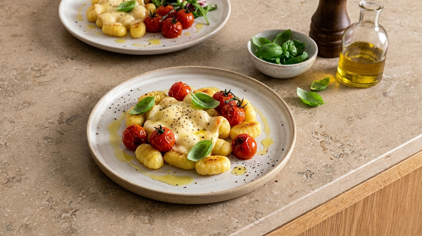 Teller mit Gnocchi in cremiger Sauce und geschmolzenem Käse, garniert mit gerösteten Kirschtomaten, frischen Basilikumblättern und etwas Olivenöl.