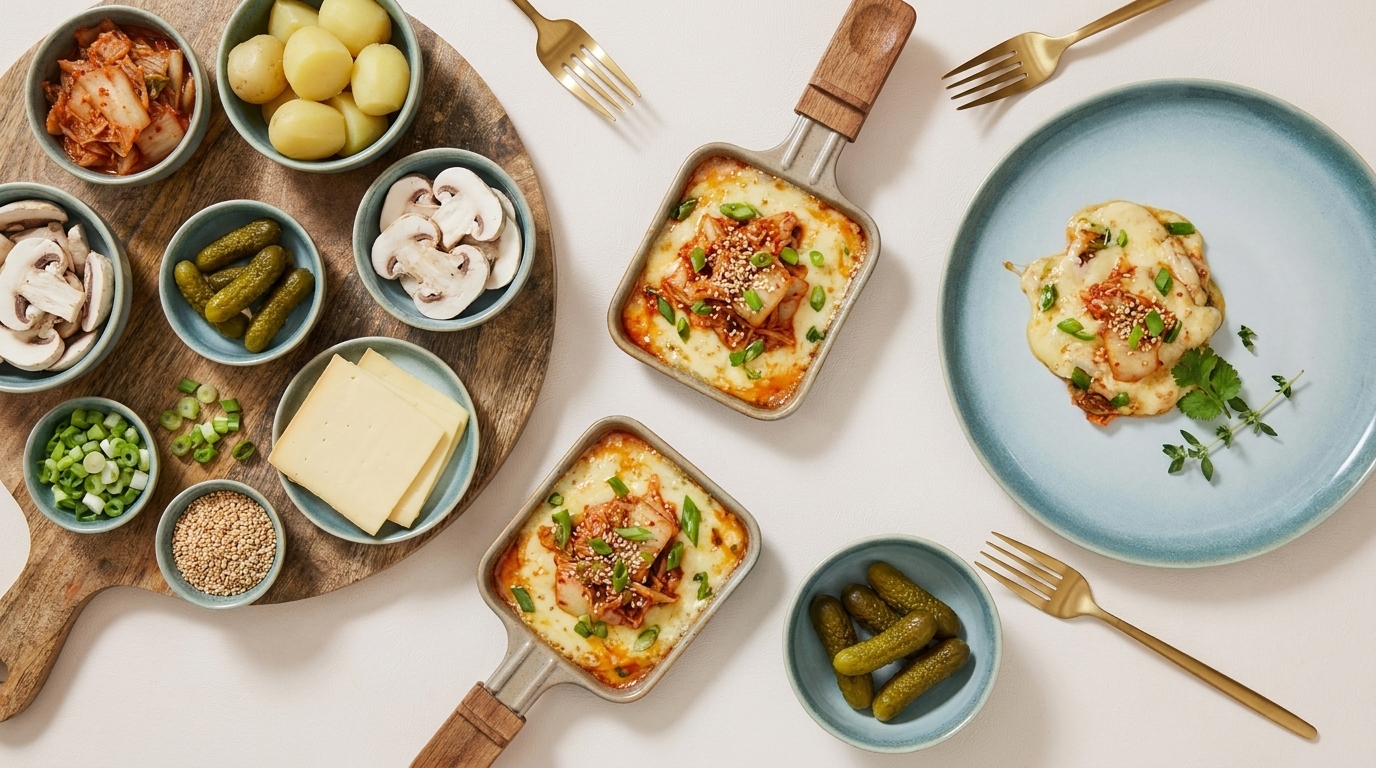 Raclette-Tisch mit zwei Pfännchen geschmolzenem Käse und Toppings, einer Portion auf einem Teller und mehreren Schälchen mit Beilagen wie kleinen Kartoffeln, Cornichons, Champignons, Butter, Frühlingszwiebeln und Kräutern.