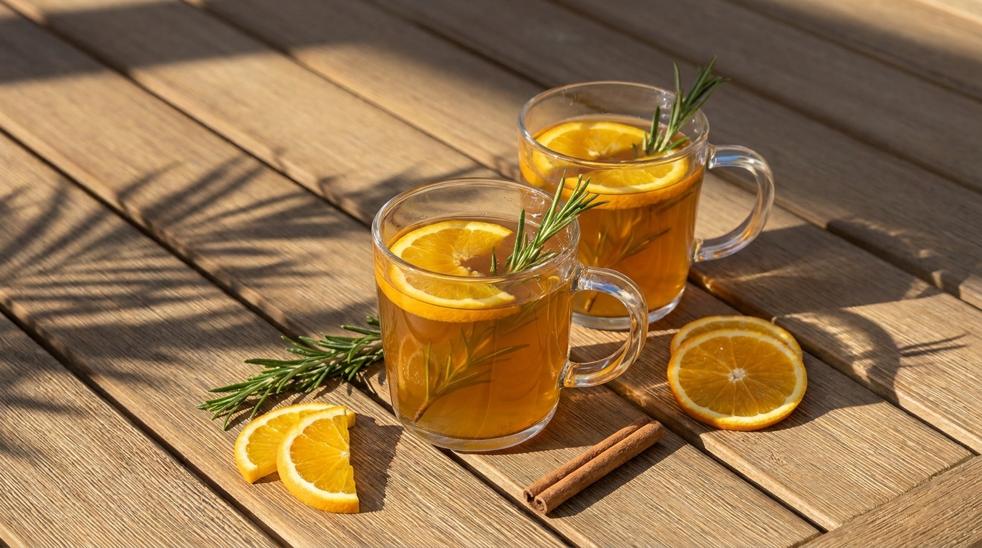 Zwei Glasbecher mit Orangengetränk, jeweils mit einer Orangenscheibe und Rosmarinzweig garniert; daneben Orangenscheiben und eine Zimtstange auf sonnenbeschienenem Holztisch.