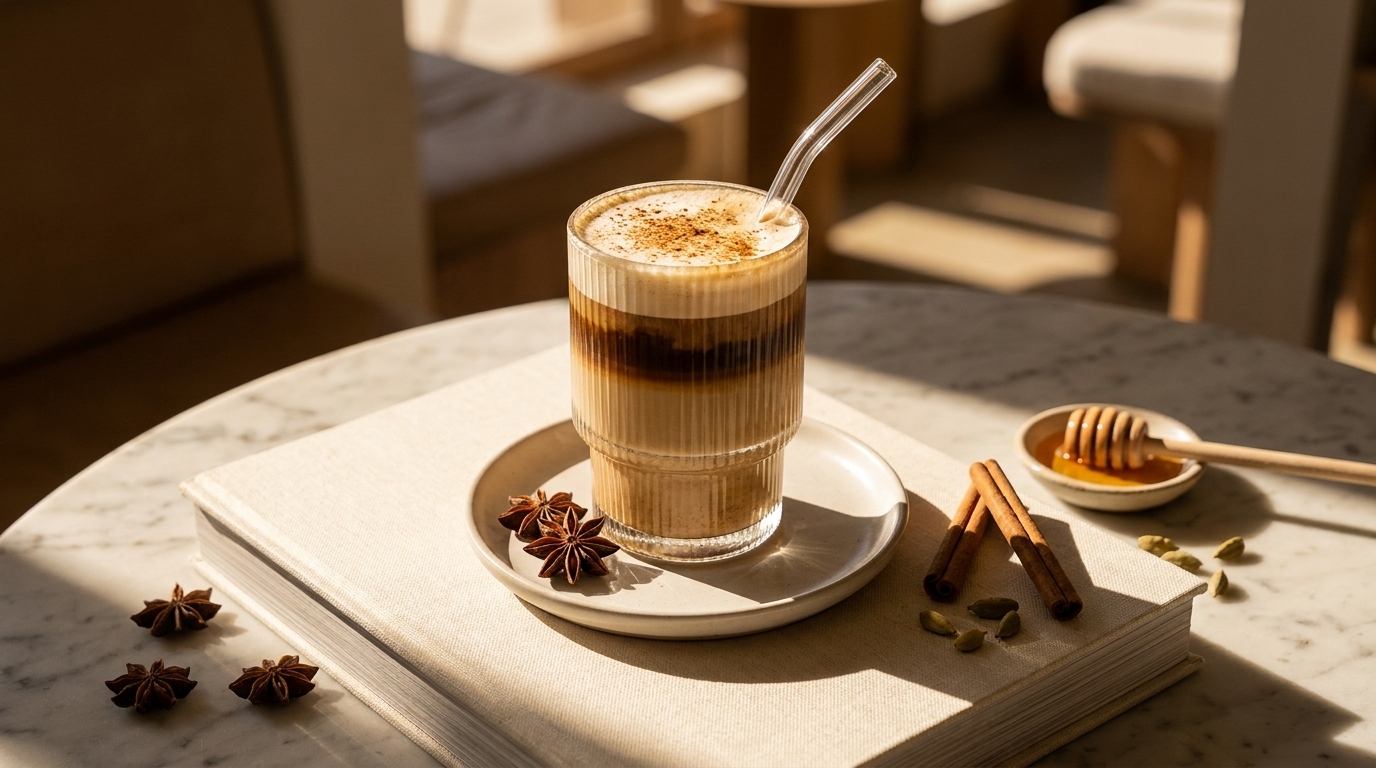 Glas mit geschichteter Latte Macchiato und Milchschaum, mit Glasstrohhalm auf Untertasse, dekoriert mit Zimtstangen, Sternanis, Kardamom und Honiglöffel auf sonnigem Tisch.