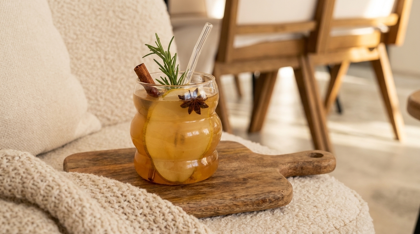 Glas mit heißem Gewürzgetränk (Zimtstange, Sternanis, Rosmarin) und Trinkröhrchen, serviert auf einem kleinen Holzbrett.