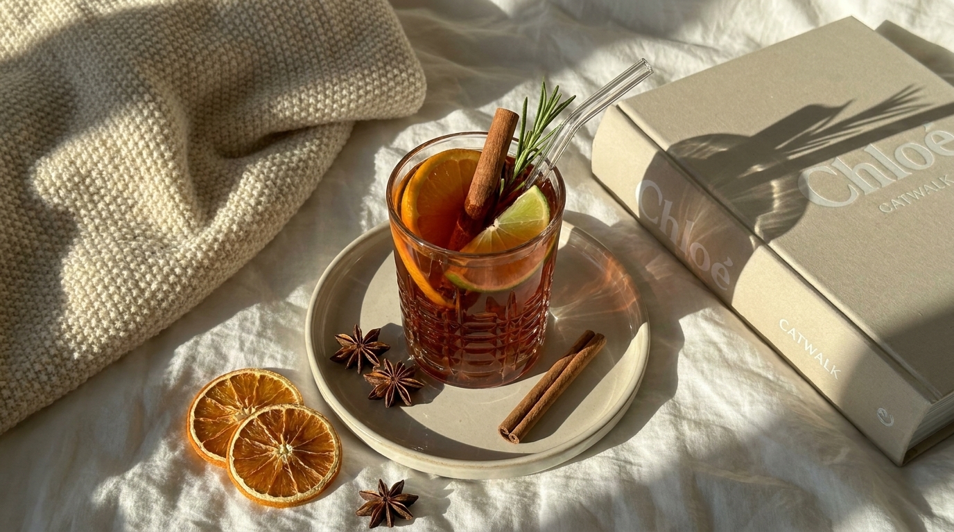 Glas mit warmem Gewürzgetränk auf Unterteller, garniert mit Zimtstange, Rosmarin und Zitronenscheibe; daneben getrocknete Orangenscheiben und Sternanis, vor einem Buch und kuscheliger Decke – gemütliche, herbstliche Szene.