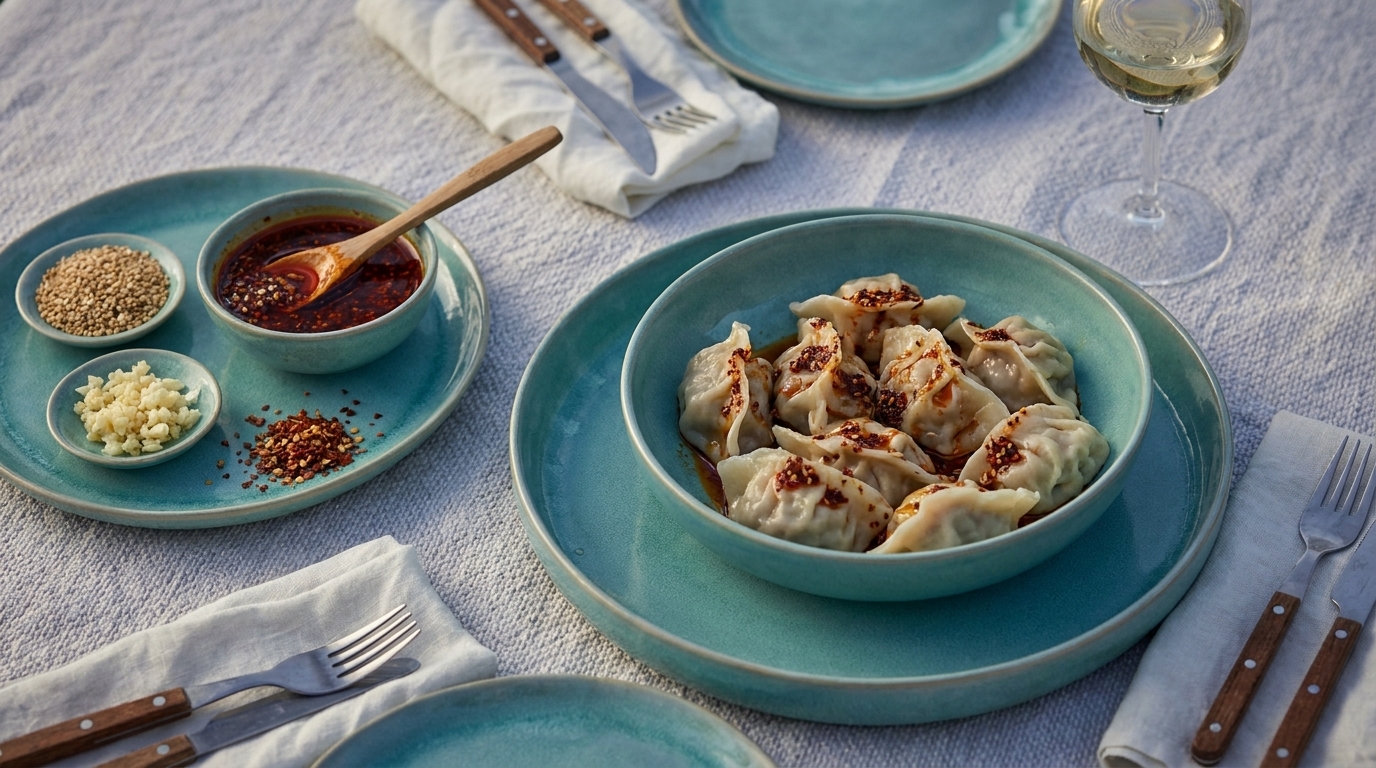Blaue Schale mit gefüllten Teigtaschen, beträufelt mit Chiliöl und Sesamkörnern.