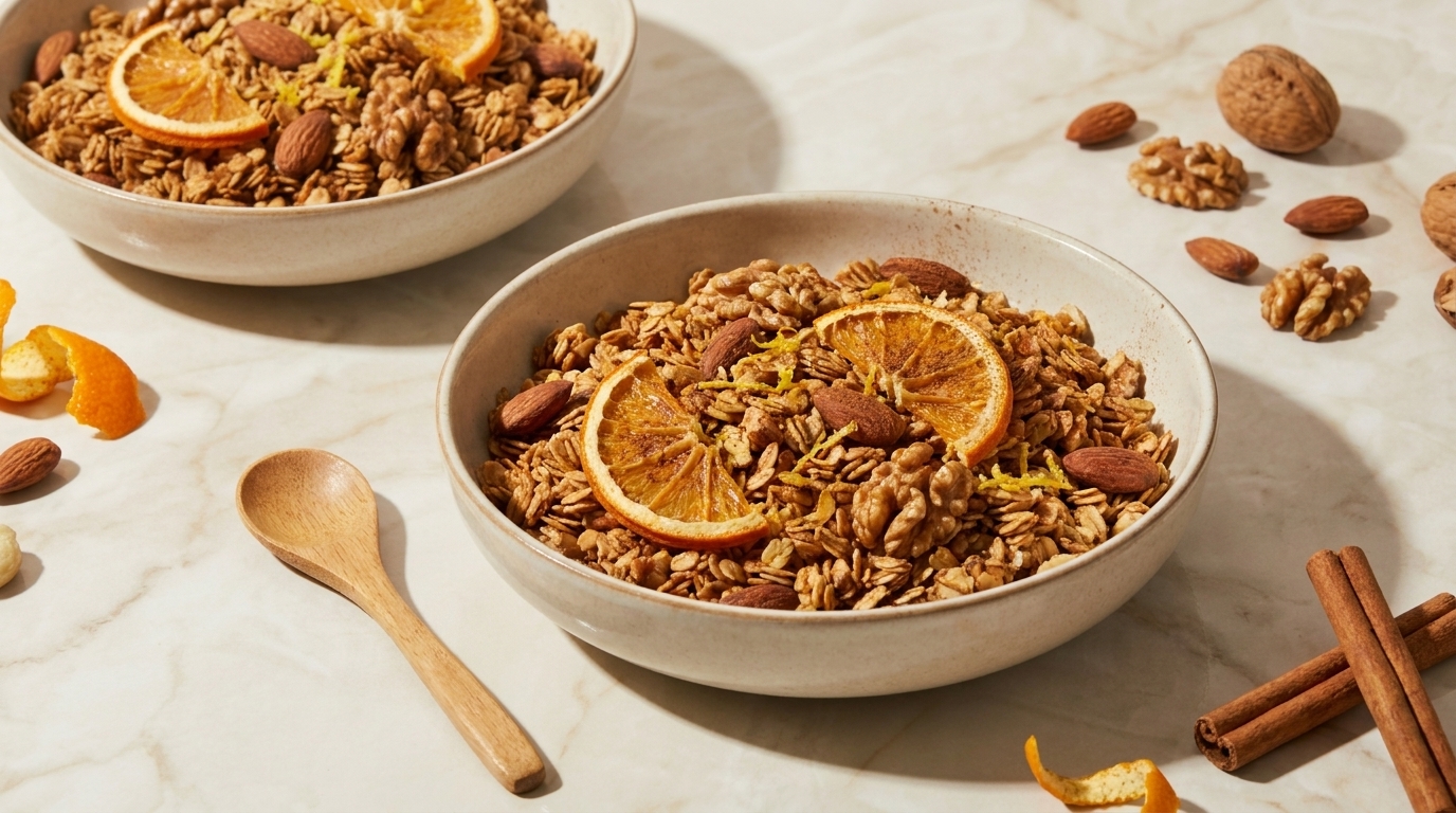 Zwei Schalen knuspriges Granola mit getrockneten Orangenscheiben, Mandeln und Walnüssen auf hellem Untergrund; daneben ein Holzlöffel und Zimtstangen.