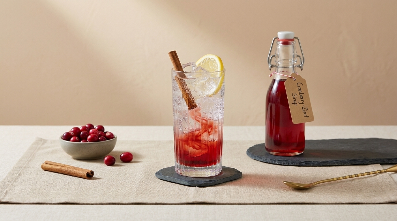 Hohes Glas mit Eis, rotem Cranberry-Drink, Zitronenscheibe und Zimtstange neben einer Flasche hausgemachtem Cranberry-Sirup und einer kleinen Schale frischer Cranberries auf hellem Tisch.
