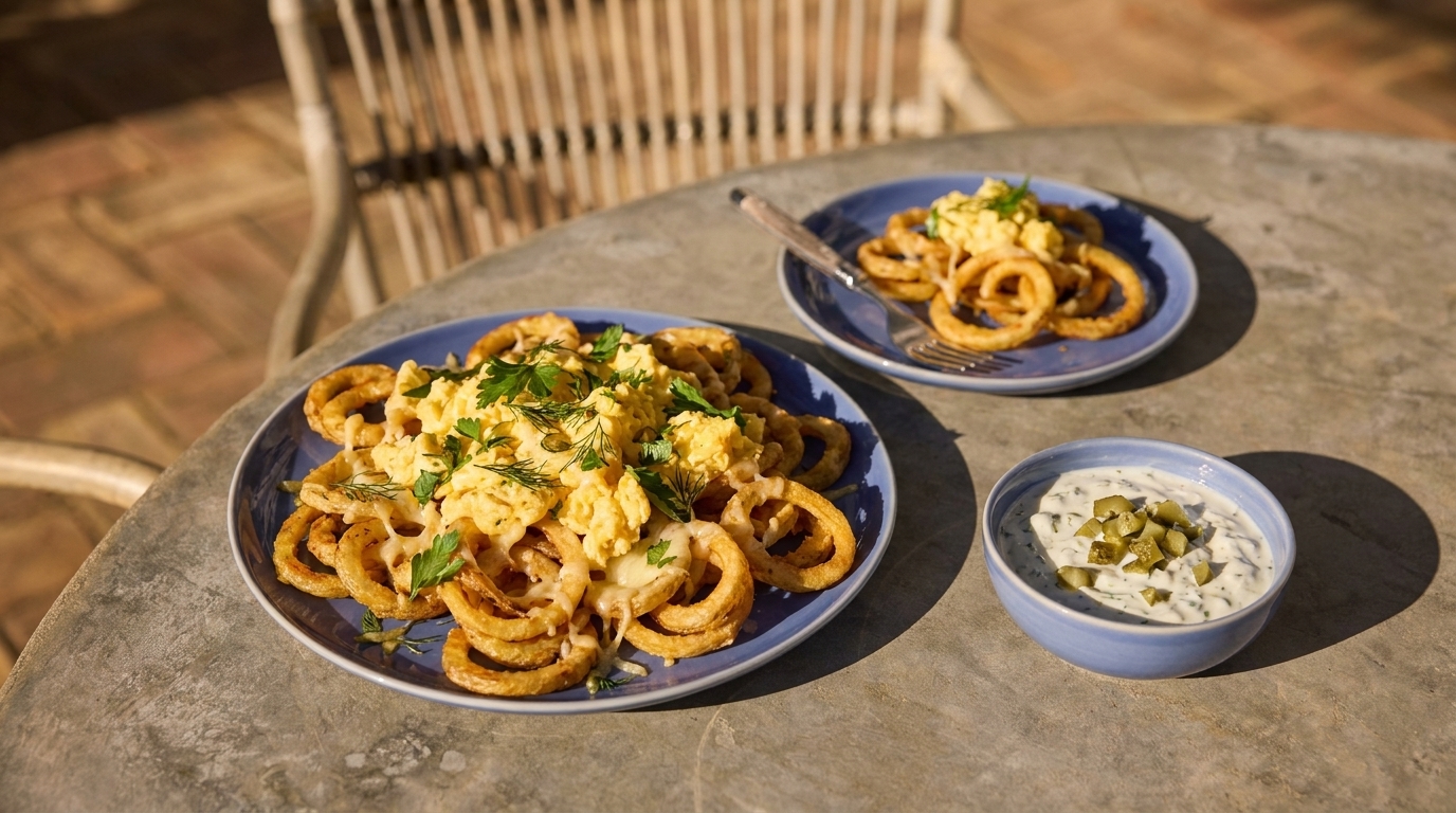 Zwei blaue Teller mit knusprigen, goldbraunen Ringen, obenauf Rührei und frischen Kräutern; daneben eine kleine Schale mit weißer Dip-Sauce und gehackten Gewürzgurken auf einem Tisch.