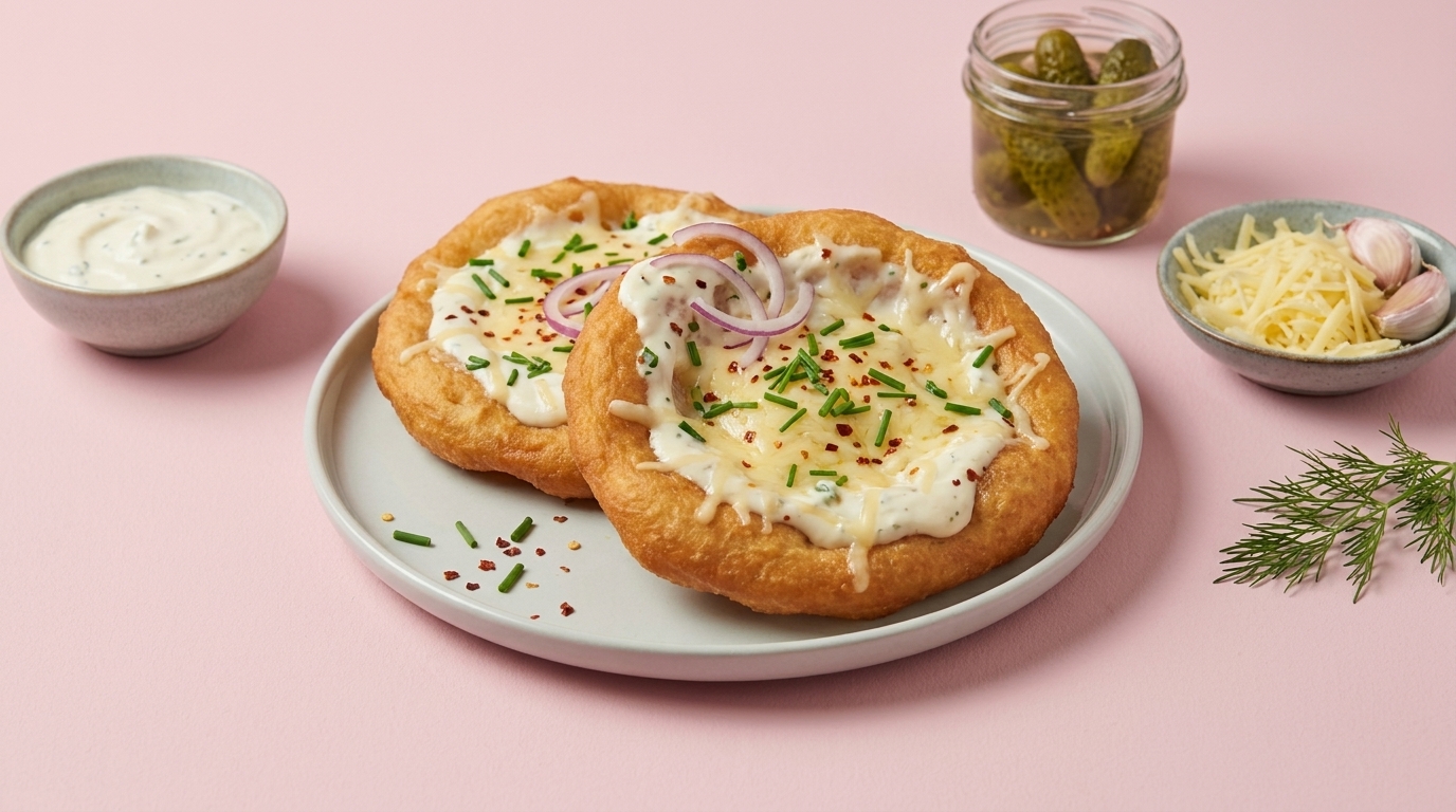 Zwei goldbraun frittierte Langos auf einem Teller, bestrichen mit saurer Sahne und bestreut mit geriebenem Käse, Schnittlauch und roten Zwiebelringen.
