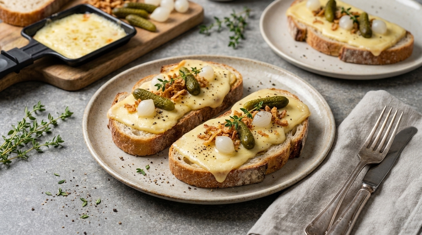 Zwei Scheiben rustikales Brot mit geschmolzenem Raclettekäse, garniert mit Silberzwiebeln, Cornichons und frischem Thymian auf einem Teller.