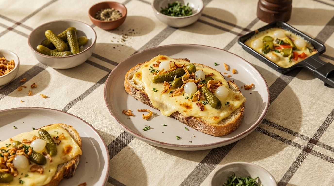 Raclette Brote mit Pickles und Röstzwiebeln