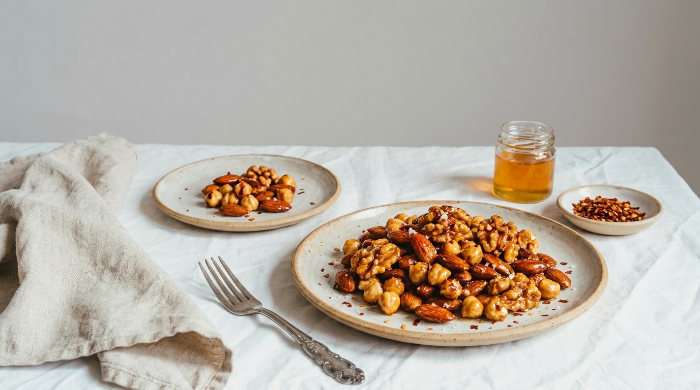 Zwei Teller mit gewürzten, gerösteten Nüssen (Mandeln, Cashews, Haselnüsse) neben einem kleinen Glas Honig auf hellem Leinentuch.