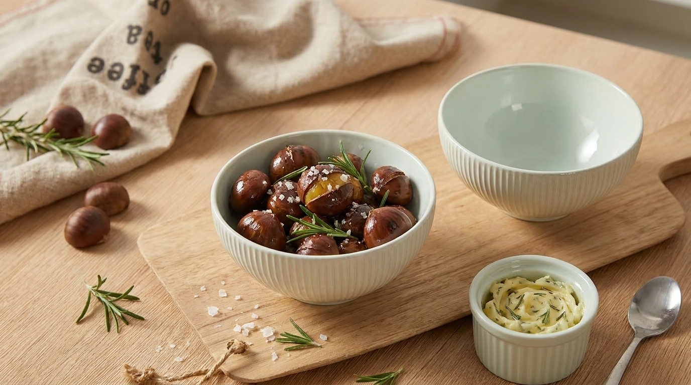 Schale mit glasierten Maronen, garniert mit Rosmarin und grobem Meersalz, auf einem Holzbrett neben einer kleinen Schale mit Kräuterbutter und einer leeren Schüssel.