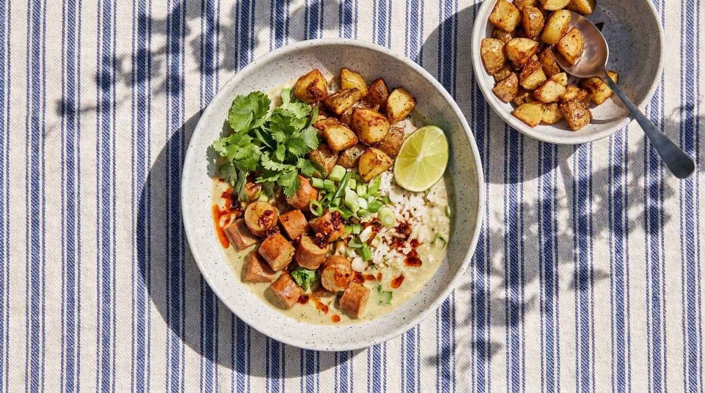 Schüssel mit cremiger Suppe oder Brei, garniert mit gebratenen Würstchenwürfeln, Frühlingszwiebeln, Koriander, Limettenscheibe und Chiliflocken; daneben kleine Schale mit gewürzten Bratkartoffeln.